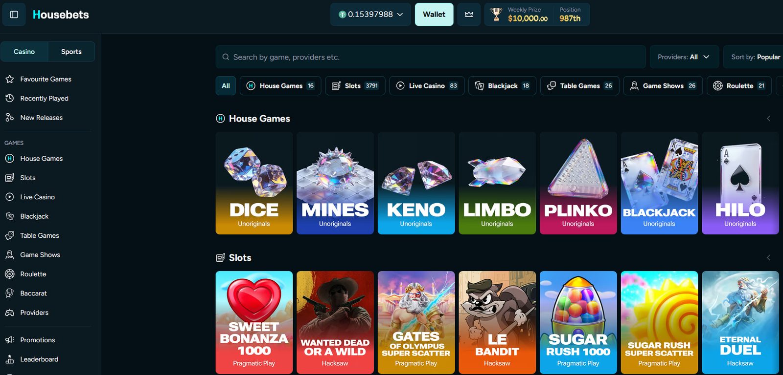 Housebets official site — casino lobby with House Games and slots